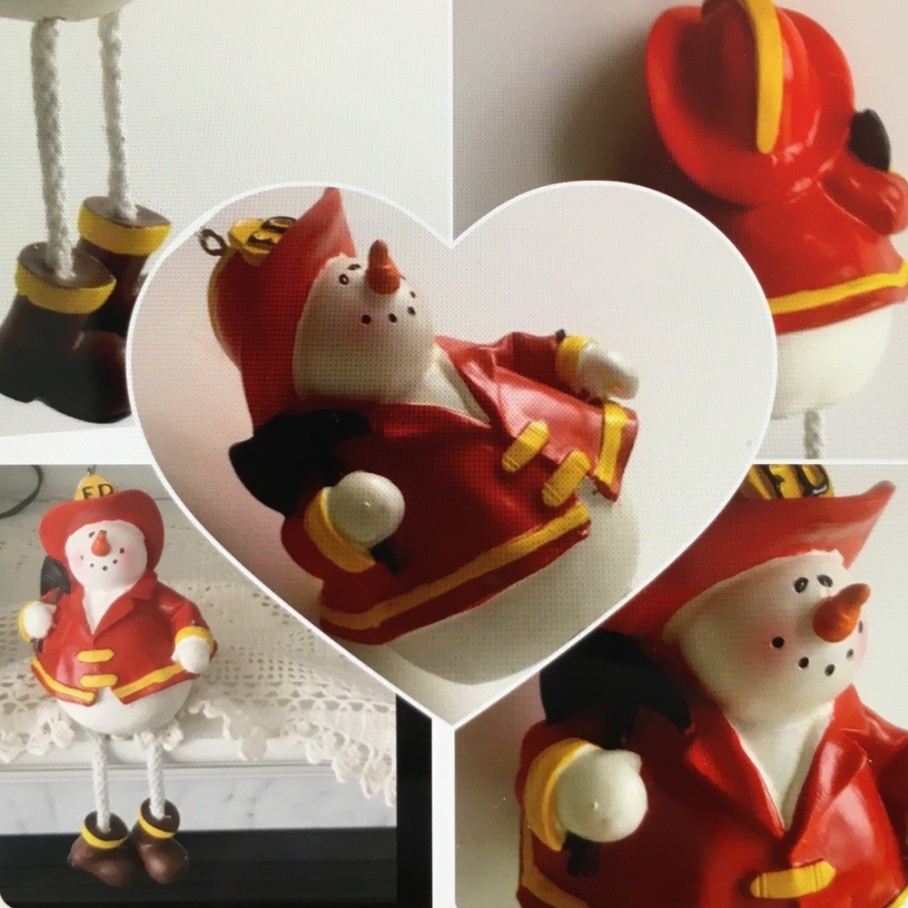 Fire Department Snowman Shelf Sitter Dangling Legs Resin Sculpture